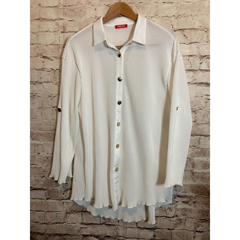Freeye Top Womens Medium Pure White Fully Pleated Button Up Roll Tab Sleeve